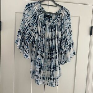 Karen Kane Blue and White Ruffled Blouse with Flutter Sleeves